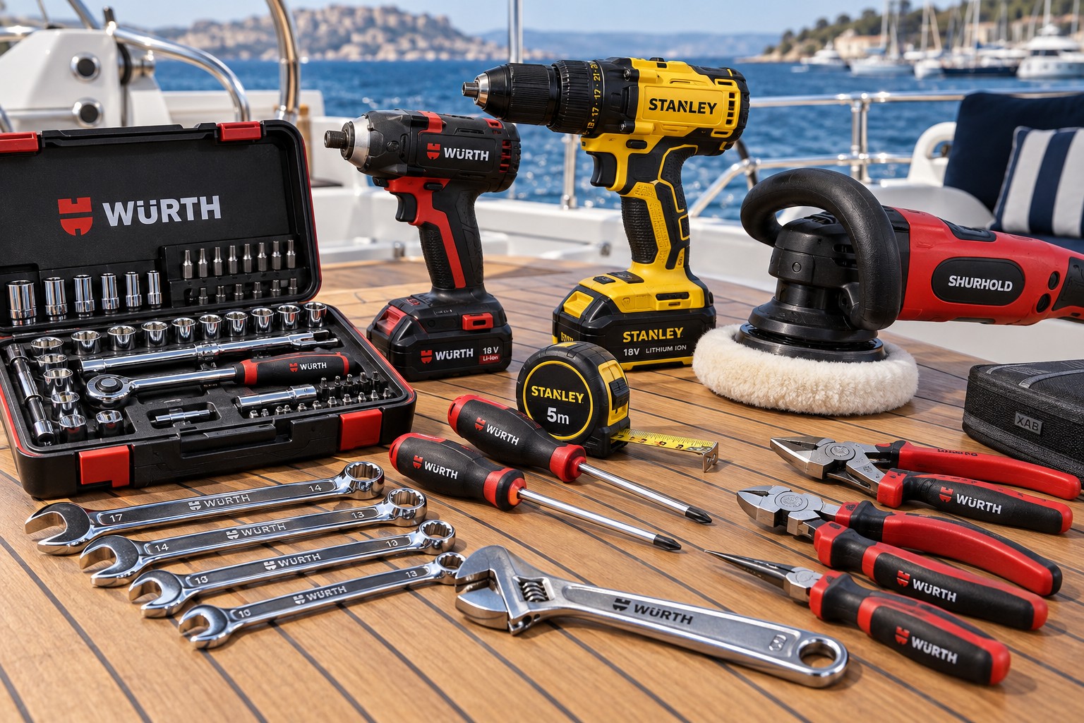 Würth and Stanley hand and power tools with a Shurhold polisher on a yacht deck