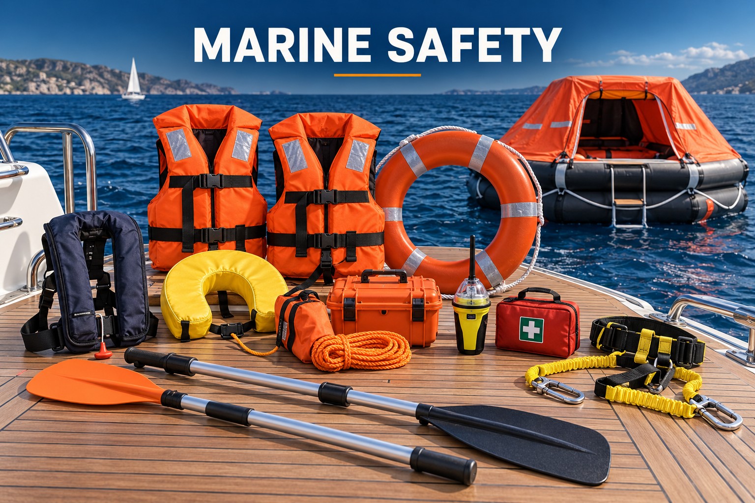 Marine safety equipment: lifejackets, liferaft, lifebuoy and emergency essentials